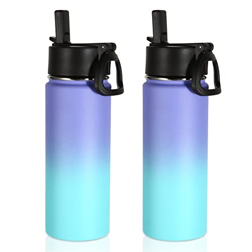 Volhoply 18oz Insulated Water Bottle Bulk 2 Pack,Kids Stainless Steel Water Bottles with Straw Lid,Double Wall Vacuum Metal Cups,Wide Mouth Reusable Sports Flask For Cold Drink(Purple Blue,2 Set) - color: Purple Blue