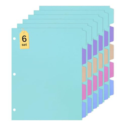 6 Sets 30 Pcs Binder Dividers with Tabs for 3 Ring Notebook Index Pages | Colorful Paper Writable and Preprinted 5 Tabs, 8.5 × 11 Inch Organizing Documents Files For School Office Home