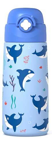 Boys Insulated Water Bottle with Covered Pop-Up Straw,16 oz Kids Cups with Stainless Steel Leak Proof for School（Blue-Shark） - color: A25.Shark, style: 1Pack