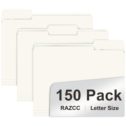 File Folder, RAZCC 150 Pack 1/3 Cut Tab File Folders Letter Size, Folders for Dcouments, Folders with Tab Great for Organizing and Easy File Storage, White - color: White