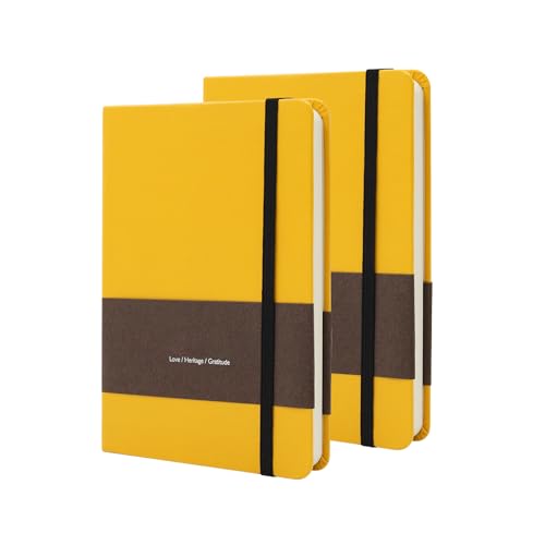 A6 Leather Hardcover Notebook - 2Pack 192 Pages Thick 100GSM Paper, Dotted/Grid/Blank, with Elastic Band & Inner Pocket for Writing, Sketching, Journaling (Yellow) - color: Yellow, size: A6