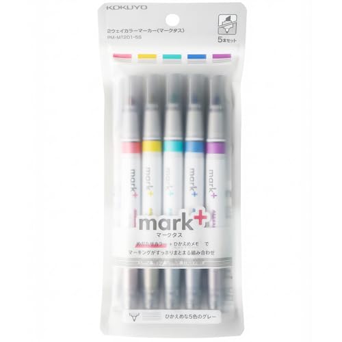 KOKUYO Pastel Highlighters, Dual-Tip Highlighter Markers for Bible in Assorted Colors, Fine & Chisel Tip No Bleed Quick-Dry for Journals, Planners, Notes, Grey Colors (PM-MT201-5S) - color: Grey Colors