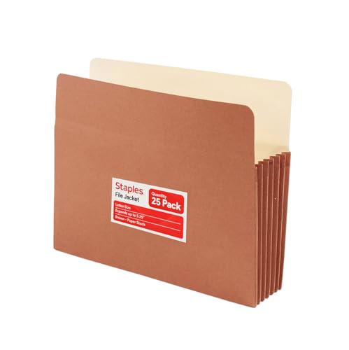 Staples Reinforced File Pockets, Letter Size, 3.5‑Inch Expansion, Heavy‑Duty Brown Accordion Files for Organization – 25/Pack - style: 25 Pack