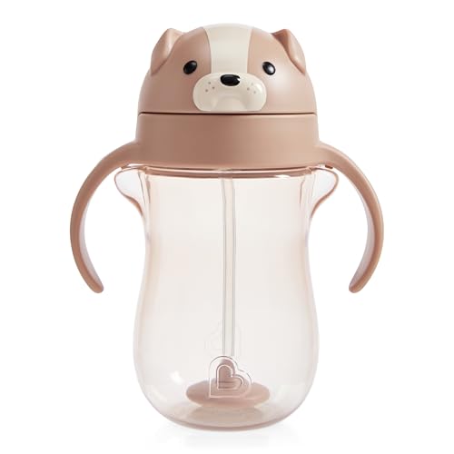 Munchkin Any Angle Spill Proof Weighted Straw Trainer Cup, Transition Sippy Cups for Toddlers and Babies, Click Lock Technology & Fun Dog Design, 10 Ounce, Brown - size: 10 Ounces