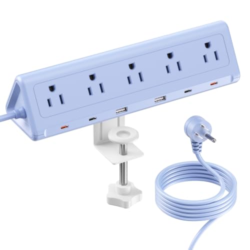 SMALLRT Blue Desk Clamp Power Strip with 6.5 FT Extension Cord, PD 40W USB-C Fast Charging Ports, 5 AC Outlets 4 USB-C 2 USB-A, Fits 2.1 inch Table Edges - color: Blue
