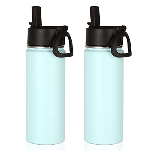 Volhoply 18oz Insulated Water Bottle Bulk 2 Pack,Kids Stainless Steel Water Bottles with Straw,Wide Mouth Reusable Metal Water Bottle,Double Wall Vacuum Sport Flask For Cold Drink(Fog,2 Set) - color: Fog