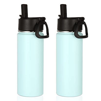 Volhoply 18oz Insulated Water Bottle Bulk 2 Pack,Kids Stainless Steel Water Bottles with Straw,Wide Mouth Reusable Metal Water Bottle,Double Wall Vacuum Sport Flask For Cold Drink(Fog,2 Set) - color: Fog
