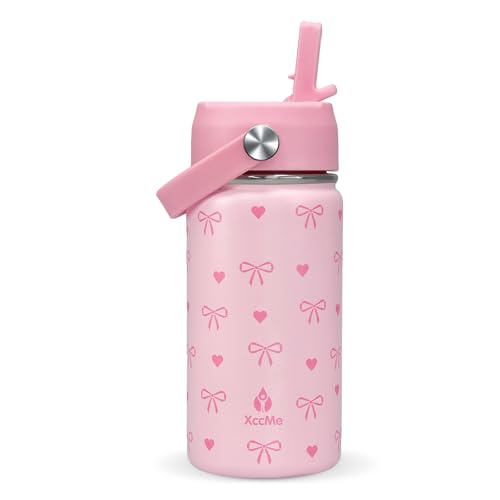 Kids Water Bottle With Straw Lid,Pink Bow 14 oz Stainless Steel Travel Bottle,Double Wall Leak Proof Kids Cup,Insulated Tumbler for Toddlers,Metal Bottle for School Boys Girls - color: Pink Bow, size: 14 Ounces