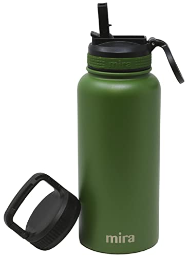 MIRA 32 oz Insulated Water Bottle - Stainless Steel Sports Flask with 2 Lids (Straw & Handle) - Cold Drink Thermo - Olive Green - color: Solid - Olive Green
