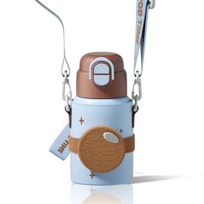 SDGA+ Kids Insulated Water Bottle with Shoulder Strap - 22 oz Kawaii Stainless Steel Tumbler with 3D Fuzzy Charm, Leak-Proof Flip Top & Vacuum Flask for School, Travel, BPA Free, Brown - color: Brown