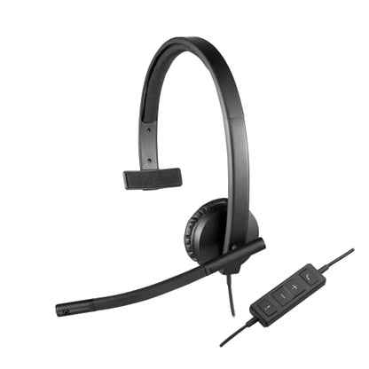 Logitech H570e Wired Headset, Mono Headphones with Noise-Cancelling Microphone, USB, In-Line Controls with Mute Button, Indicator LED, PC/Mac/Laptop - Black - size: UC, style: Mono