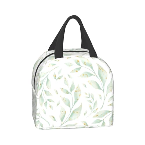 Nerxy Watercolor Leaf Insulated Lunch Bag Spring Sage Green Lunch Box Reusable Cooler Tote Bag Woman 8x5x8.5inch Waterproof Meal Container with Pocket for Work School Travel Office Picnic - color: Leaf
