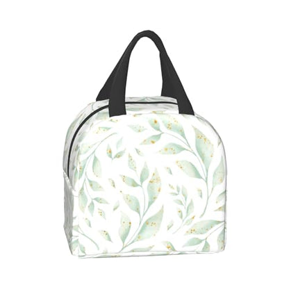 Nerxy Watercolor Leaf Insulated Lunch Bag Spring Sage Green Lunch Box Reusable Cooler Tote Bag Woman 8x5x8.5inch Waterproof Meal Container with Pocket for Work School Travel Office Picnic - color: Leaf