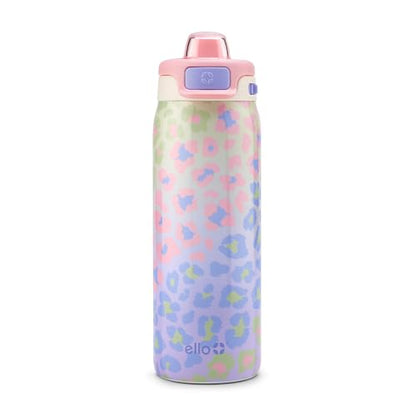 Ello Pop & Fill 18oz Stainless Steel Kids Water Bottle with Quick Fill Lid | Vacuum Insulated BPA Free Bottle with Leak Proof Straw and Chug Lid, Dishwasher Safe, Gift For Kids Teens, Cheetah - color: Cheetah, size: 18 Ounces