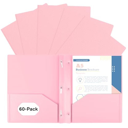 60-Pack Plastic andPockets and Prongs,2-Pocket and3 Fasteners, Pastel Folders Holds US Letter Size Paper for School/Office/Home, Pink - color: Pink, size: 60-Pack