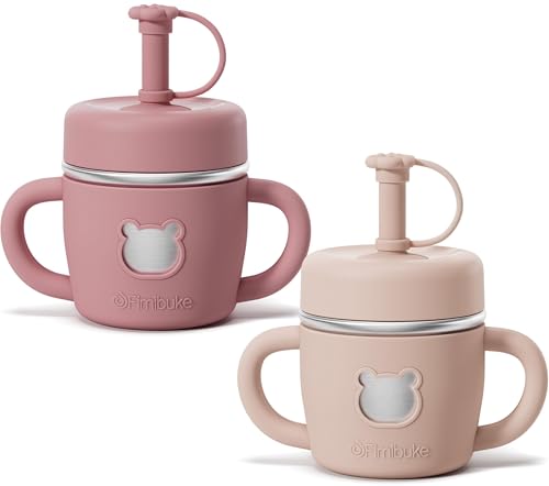 Fimibuke Sippy Cups for Toddlers, 10 OZ Spill Proof Kids Cup, Leak Proof Stainless Steel Tumbler with Handle, Silicone Straw & Sleeve, BPA Free Dishwasher Safe Girl Boy Kids Water Bottle, 2 Packs - color: Berry & Peach