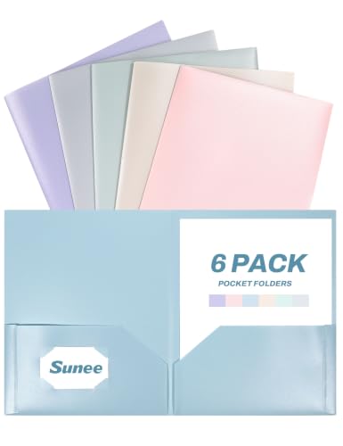 SUNEE Folders with Pockets (6 Pack, Pastel Colors), Plastic Folder with Pocket, Poly Folder for Documents Letter Size, 2 Pocket Folders for Kids, Home, School, Office - color: Pastel Colors, style: 6-Pack