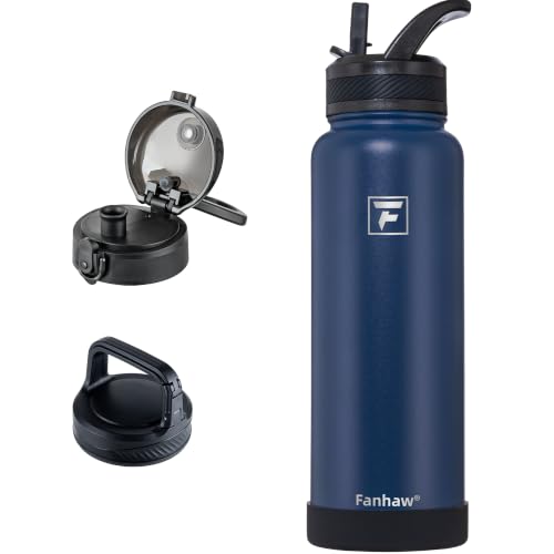 Fanhaw 40 oz Insulated Water Bottle – Stainless Steel Flask with 3 Lids (Straw, Chug, Carabiner) | Durable, Leakproof, for Hiking, Camping, Outdoor Adventures & Travel (Navy Blue) - color: Navy Blue, size: 40 Ounces