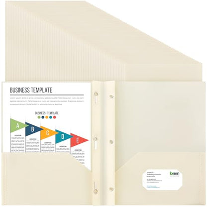 Cholemy 72 Packs Pocket Folders with Prongs Heavy Duty Plastic Folder with Business Card Slot 3 Prong Fasteners for School Office (Beige) - color: Beige