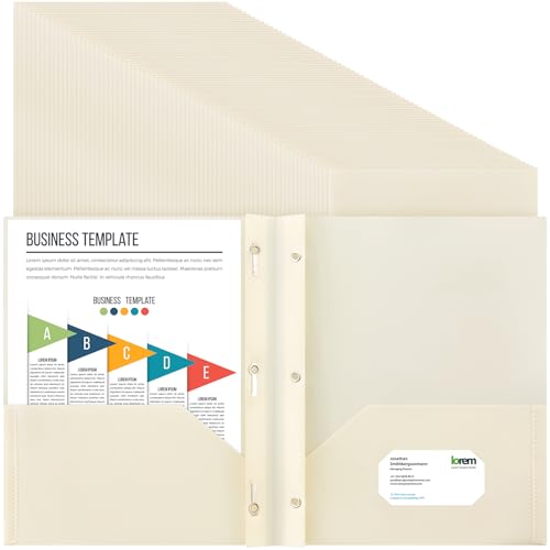 Cholemy 72 Packs Pocket Folders with Prongs Heavy Duty Plastic Folder with Business Card Slot 3 Prong Fasteners for School Office (Beige) - color: Beige