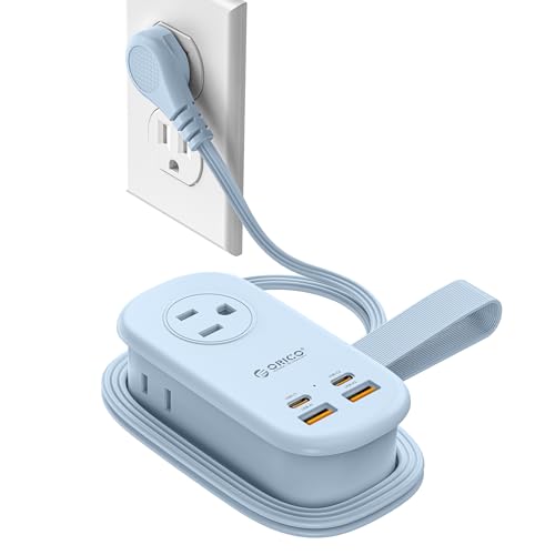 ORICO 65W GaN Travel Power Strip with 7-in-1 Charging Ports (3 AC Outlets/2 USB-A/2 USB-C), Flat Plug and 4FT Extension Cord, Fast Charger for MacBook Pro/Air, iPad Pro, iPhone 17/16/15- AP3 - color: Blue