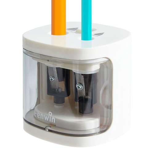 tenwin Electric Pencil Sharpener, Dual Hole Pencil Sharpeners Battery Powered, Small&Portable, Fit for 6-12mm No.2/Colored Pencils, Kids, School/Home (White) - color: White