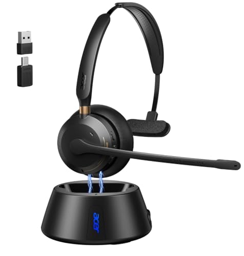 Wireless Headset with Mic for Work, Wireless Headphones with Mic Single Ear Work Headset with Charge Stand for Remote & Office, Bluetooth 5.3 & USB 2.4G Dongle for Teams Clear Call & Online Meeting