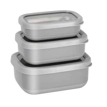 Lille Home Leak Proof Salad Container Stainless for Lunch - Snack Containers Steel - Ideal for Educational Settings & Daycare - Nesting Trio with Silicone Lids - 47oz+30oz+16oz - Grey - color: grey