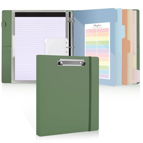 SKYDUE 3 Ring Binder with Clipboard, 13.2" × 10.2" Faux Leather 1 Inch Binder Organizer with 5 Pocket Dividers, Notepad, Labels & 2 Storage Pockets for Teachers, Students, Nurses & Office Work - color: Olivegreen, size: Letter Size - 1 Inch