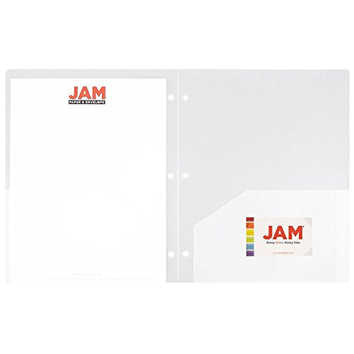 JAM PAPER Heavy Duty Plastic 3 Hole Punch Pocket Folders - Extra Tough School Folders - Clear - 6/Pack - color: Clear, size: 6 Per Pack