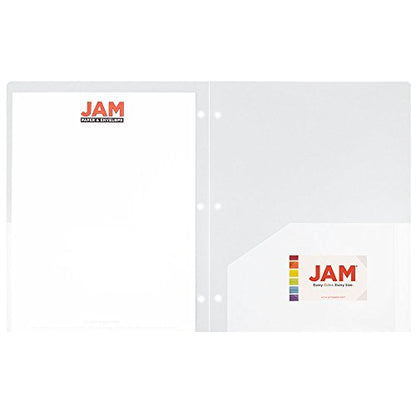 JAM PAPER Heavy Duty Plastic 3 Hole Punch Pocket Folders - Extra Tough School Folders - Clear - 6/Pack - color: Clear, size: 6 Per Pack