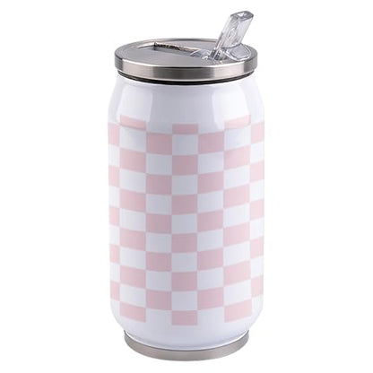 T&H XHome Pink Checkerboard Pattern 10oz Stainless Steel Tumbler with Lid & Straw-Double Wall Vacuum Insulated Travel Mug Soft Fabric Print Water Bottle Coffee Beverage Drinks Cup - size: 10 Ounces
