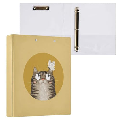 Fustylead Funny Tabby Cat and Butterfly Mustard Yellow 3 Ring Binder, D-Rings 1.5" Hardcover Folder, Fits 200 Sheets of A4 Paper, Durable Clipboard & Clean View with Inside Pockets for School Home Off - size: 12.4x10.63x2.36 Inch-2 Pack