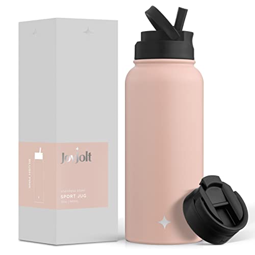 JoyJolt Triple Insulated Water Bottle with Straw Lid AND Flip Lid! 32oz, 12 Hour Hot/Cold Vacuum Insulated Stainless Steel Large Bottle. BPA-Free Leakproof Thermos Water Bottles - color: Blush Pink, size: 32 Ounces