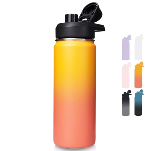 Fijinhom Insulated Water Bottle with Handle, 304 Stainless Steel Water Bottles with Wide Mouth, Double Wall Vacuum Sports Water Bottle, BPA Free, Keep Cold and Hot, 18 Ounces, Yellow&Orange - color: Yellow Orange, size: 18 Ounces