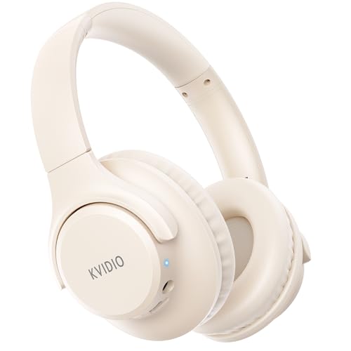 KVIDIO Bluetooth Headphones Over Ear, 65 Hours Wireless Headphones with Mic, Low Latency Foldable Lightweight Headset with Deep Bass, HiFi Stereo Sound Headphones for School Work Cellphone Sports - color: Beige