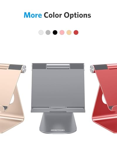 OMOTON T1 Adjustable Tablet Stand for Desk, Aluminum Holder for iPad Grey | Solid Metal Build | Charging Cutout | Anti-Slip Silicone Pads | Multi-Angle Adjustable | Fits 3.5-12.9" | Holds Thick Cases - color: Grey
