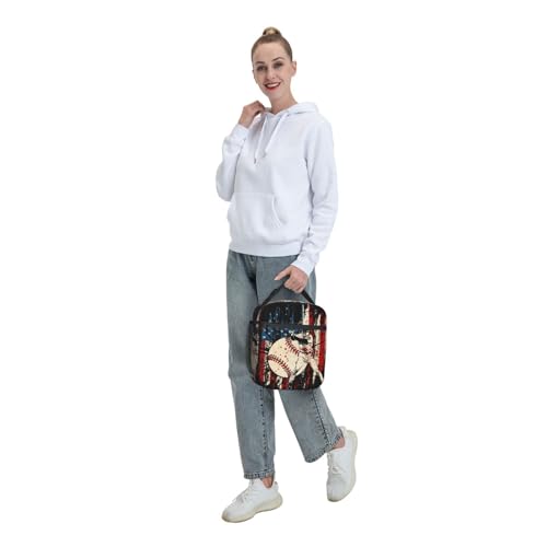 Baseball Stitches American Flag Insulated Lunch Bag, Baseball Sport Lunch Box Tote Cooler Reusable Lunch Pail Adjustable Shoulder Strap and Side Pocket Outdoors Meal Bag For Women - color: Baseball American Flag