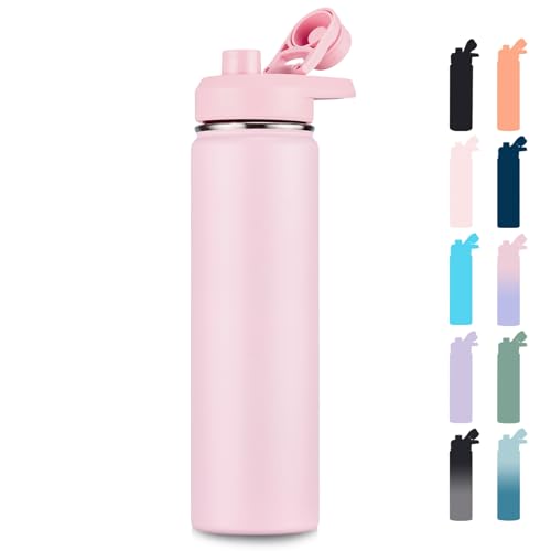 Fijinhom Insulated Water Bottle with Handle, 304 Stainless Steel Water Bottles with Wide Mouth, Double Wall Vacuum Sports Water Bottle, BPA Free, Keep Cold and Hot, 24 Ounces, Pink - color: Pink, size: 24 Ounces