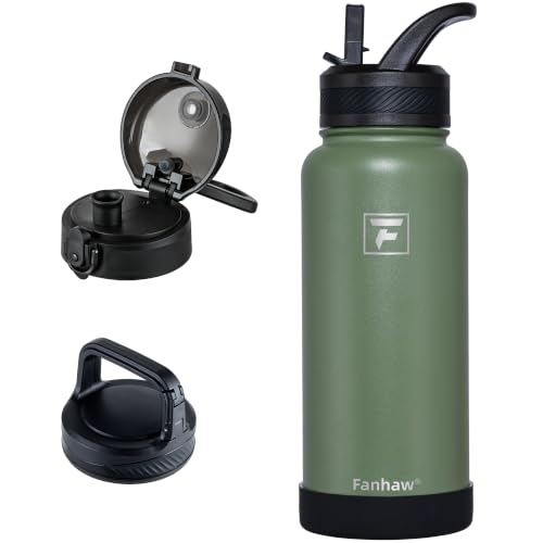 Fanhaw 32 oz Insulated Water Bottle – Portable Stainless Steel Flask with 3 Lids (Straw, Chug, Carabiner) | Leakproof, for Gym, Hiking, Work, Travel & Everyday Use (Olive Green) - color: Olive Green, size: 32 Ounces