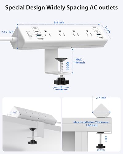 Jgstkcity Desk Clamp Power Strip 40W USB C,8 Outlets,8 USB,6FT,White | 40W Fast Charging Station,4 USB-C,4 USB-A,Furniture Nightstand Edge Mount Surge Protector, Fits 1.9" Tabletop Edge - color: White, size: 6FT Length