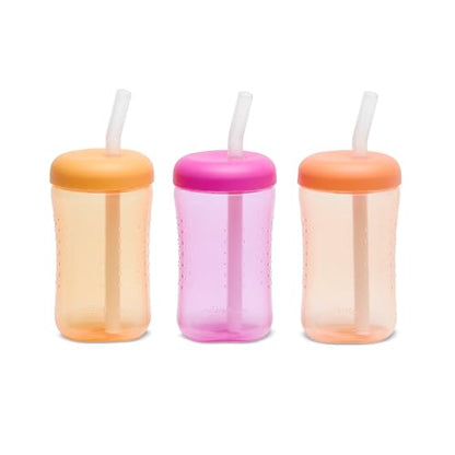 The First Years Squeeze & Sip Toddler Straw Cups - Squeezable Transition Sippy Cup with Silicone Straw - Toddler Feeding Supplies - Yellow/Pink/Orange - 7 Oz - 3 Count - Ages 6 Months and Up - color: Yellow/Pink/Orange