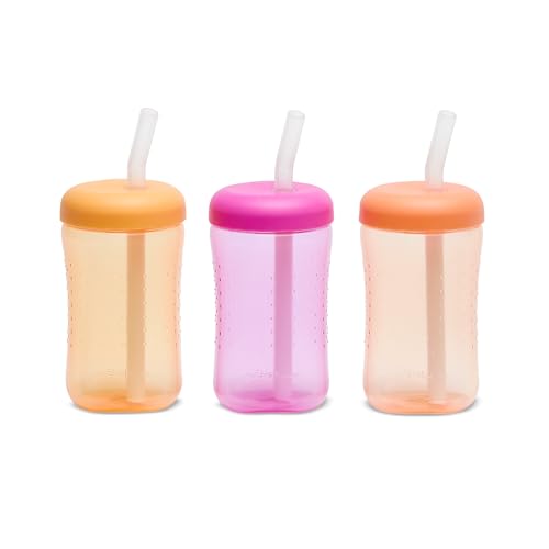 The First Years Squeeze & Sip Toddler Straw Cups - Squeezable Transition Sippy Cup with Silicone Straw - Toddler Feeding Supplies - Yellow/Pink/Orange - 7 Oz - 3 Count - Ages 6 Months and Up - color: Yellow/Pink/Orange