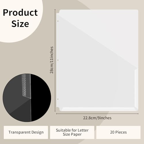 20 Pack Binder Dividers with Pockets Letter Size Clear Slash File Jacket 3 Hole Punch Plastic Document Folders for Office Home School (Transparent) - color: Transparent