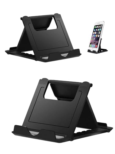 Portable Cell Phone Stand Holder for Desk, 【2 Pack】 Foldable Pocket-Sized Adjustable Mount, Universal Desktop Kickstand Compatible with iPhone, iPad, Kindle & Android Devices - Black & Black - color: Black & Black