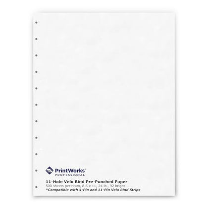 PrintWorks Professional Pre-Punched 11 Hole Velo Bind Paper for 11 Pin & 4 Pin Binding Spines - Book Binding Printer Paper - Made in the USA - 500 Sheets - 8.5" x 11" - 20 lb - 92 Bright White (04330) - size: 20 lb, style: Velobind, 11-Hole