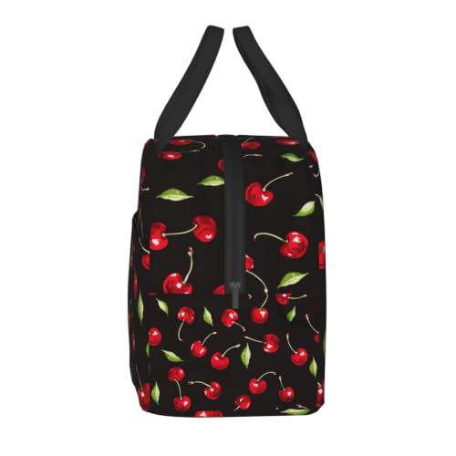 Black Sweet Cherry Lunch Box Insulated Meal Bag Lunch Bag Reusable Snack Bag Food Container For Boys Girls Men Women School Work Travel Picnic - color: black sweet cherry