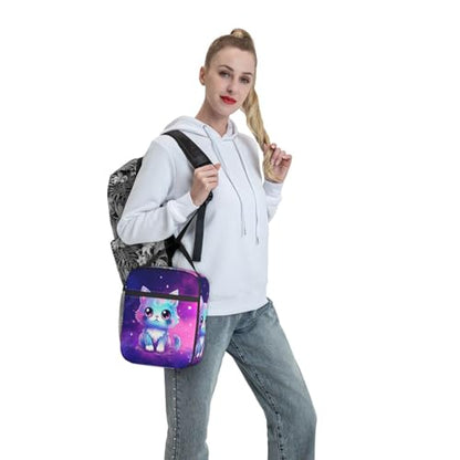 Galaxy Cute Cat Printed Insulated Lunch Box Portable Purple Lunch Bag with Detachable Handle,Reusable Lunchbox for Girls Boys Adults - color: Galaxy Cat