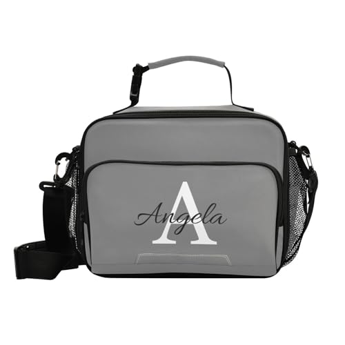Custom Student Lunch Bag for Boys Girls Gray Solid Color Personalized Name Lunch Box Insulated Cooler Bag for School Picnic Office - color: Multi27