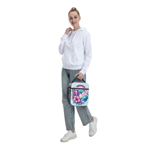 Dolphin Flowers Sunset Wave Ocean Lunch Bag 10In | Insulated Lunch Box Reusable Tote Bag For Picnic Office For Women Men - color: Style 10